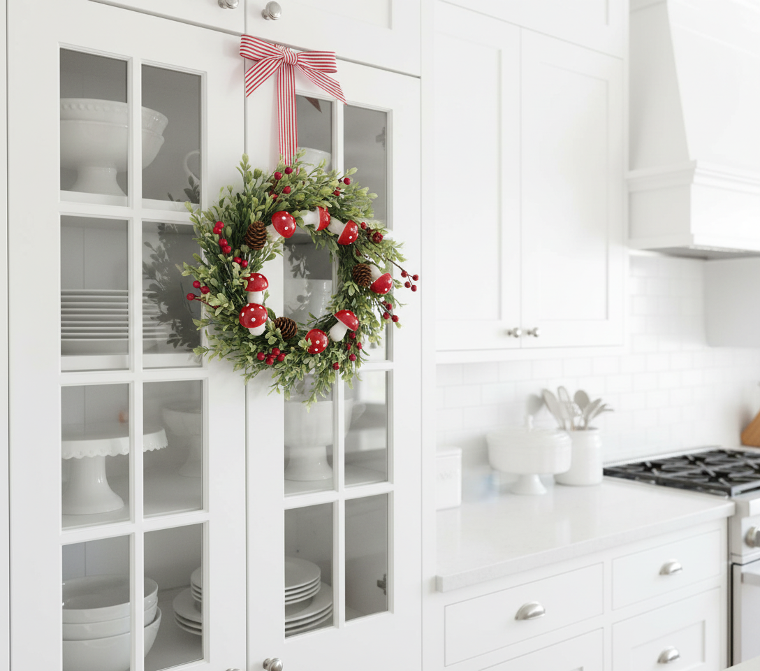 Mini Mushroom Wreath on White Glass Cabinet with Red Striped Ribbon