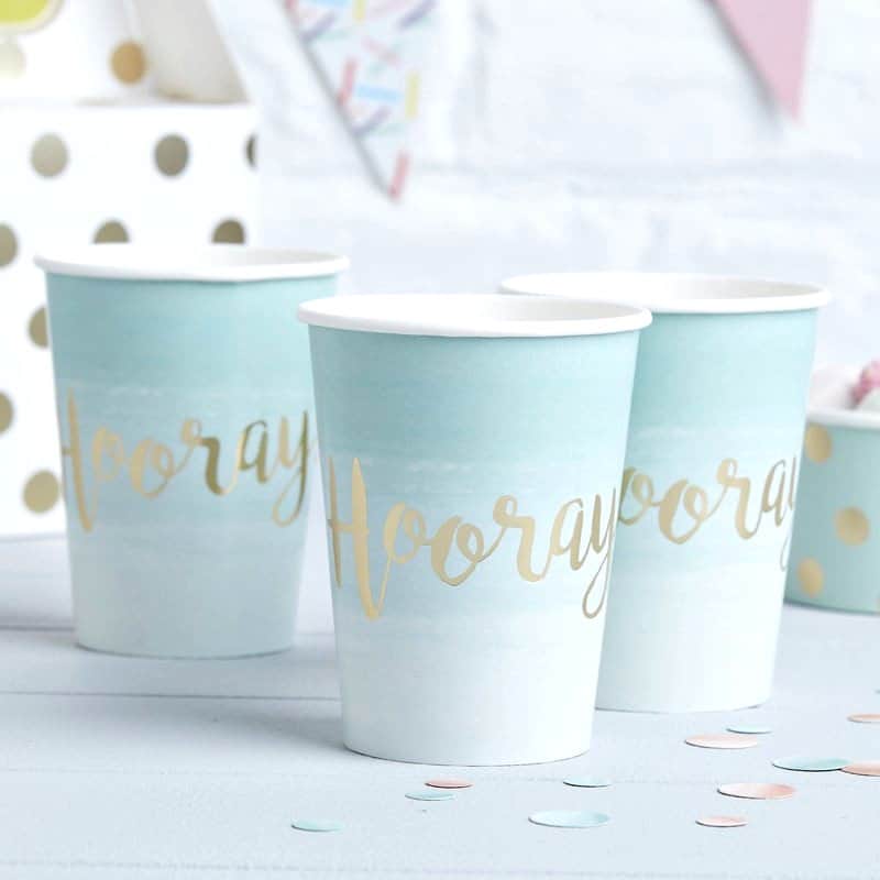 Mint and Gold Paper Cups with Hooray on each