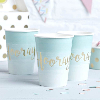 Mint and Gold Paper Cups with Hooray on each