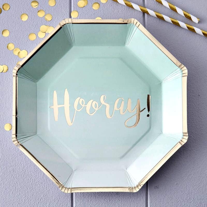 Hooray Mint and Gold Paper Plates - Perfect for an Elegant Graduation Party