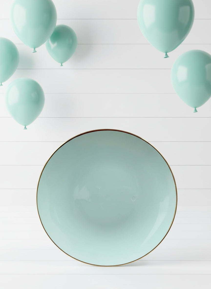 Light blue ceramic plate with gold rim on a white wooden surface with greenery.