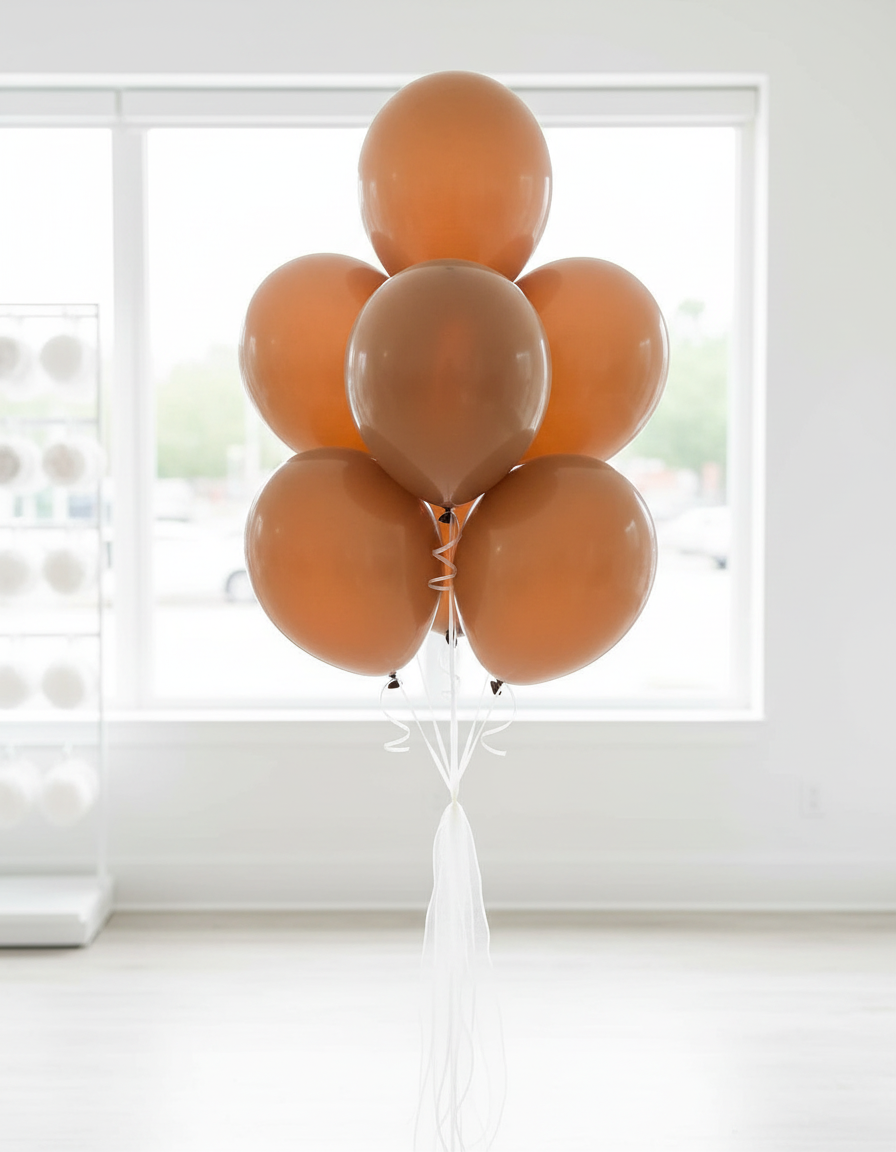 Mocha brown balloon bouquet with white organza ribbons