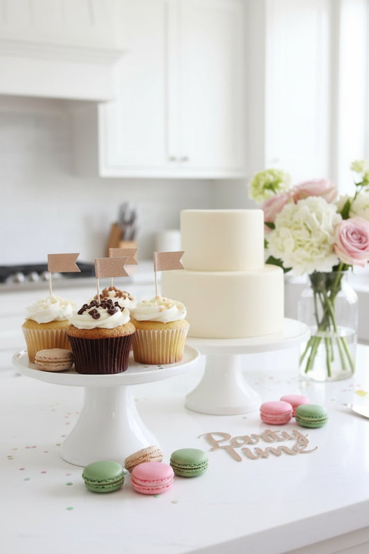 Multiple rose gold toppers on cupcakes