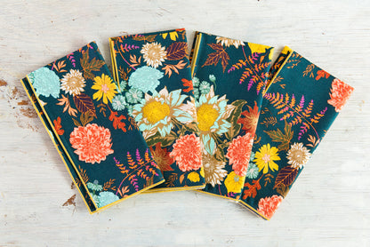 Winter Blue Floral Cloth Napkins Set of 4 - Reusable 100% Cotton Napkins Easy Care