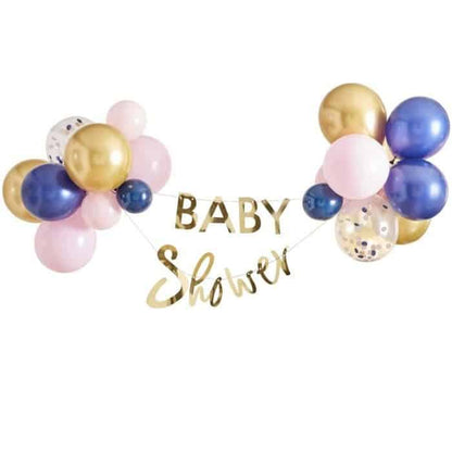 Navy and blush baby shower decorations - balloon garland with gold baby shower bunting included