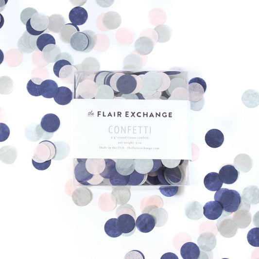 navy blush and silver tissue paper confetti made from circles of tissue paper punches