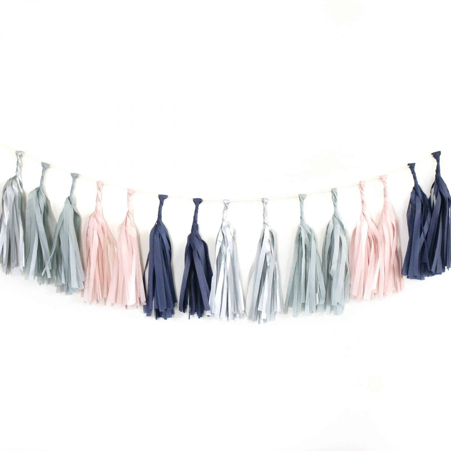 Navy and Blush Tassel Garland made from tissue paper - perfect for a gender reveal