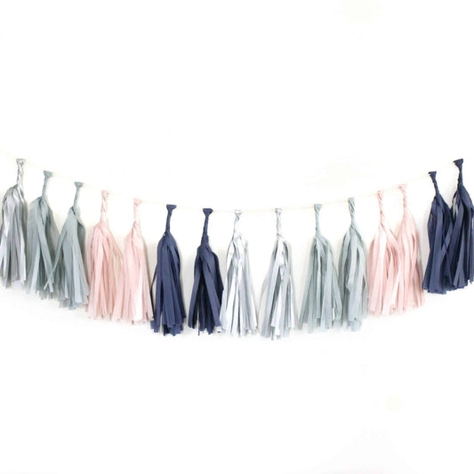 Navy and Blush Tassel Garland made from tissue paper - perfect for a gender reveal