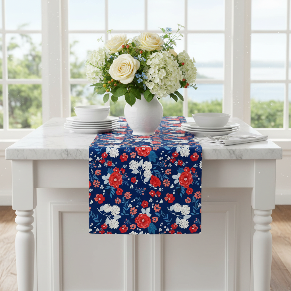 Navy Floral Table Runner on White Kitchen Island
