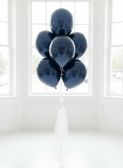 Navy pearl balloon bouquet with white organza ribbons