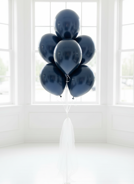Navy pearl balloon bouquet with white organza ribbons