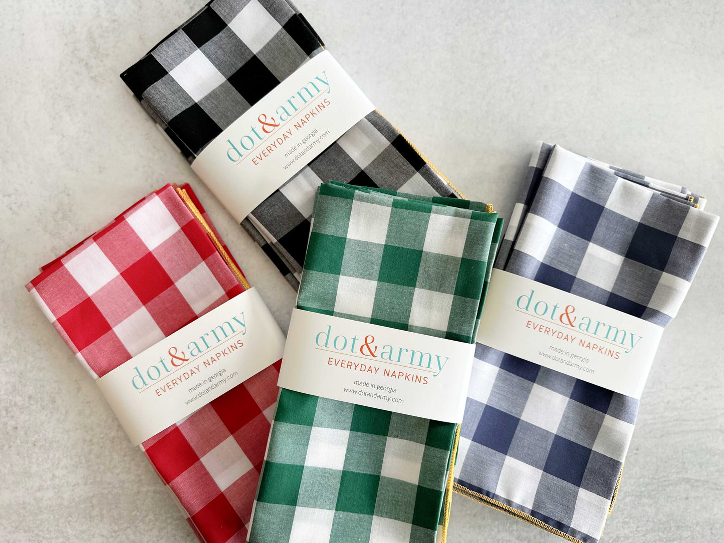 Gingham Check Cloth Napkins 18 Inch Honey Mustard Trim - Cottagecore Farmhouse Reusable Napkins Set of 4