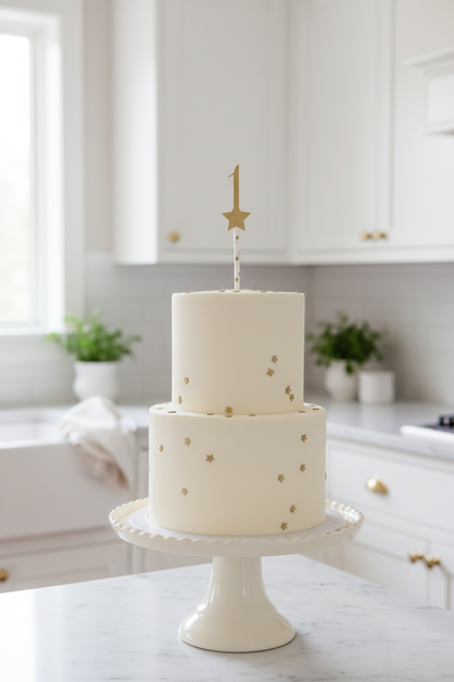 Number 1 topper on tall cream cake