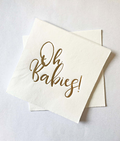Oh Babies Cocktail Napkins - Gold on White