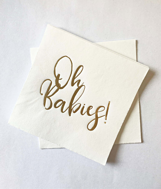 Oh Babies Cocktail Napkins - Gold on White