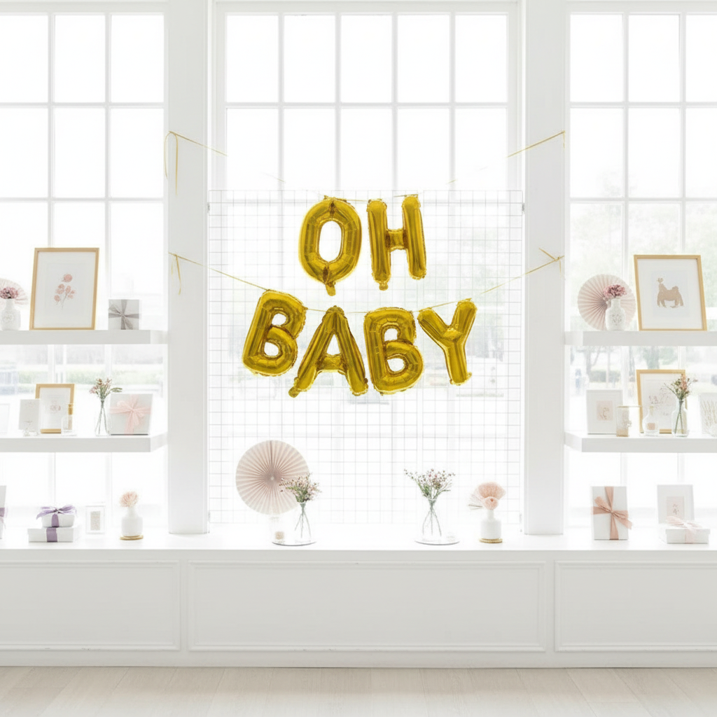 Oh Baby Gold Balloon Banner - Party Boutique Setting