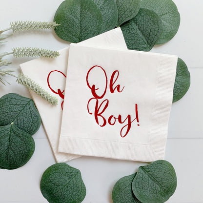 Oh Boy Napkins Red Foil White - Train Airplane Fireman Baby Shower Cocktail Napkins Set of 16