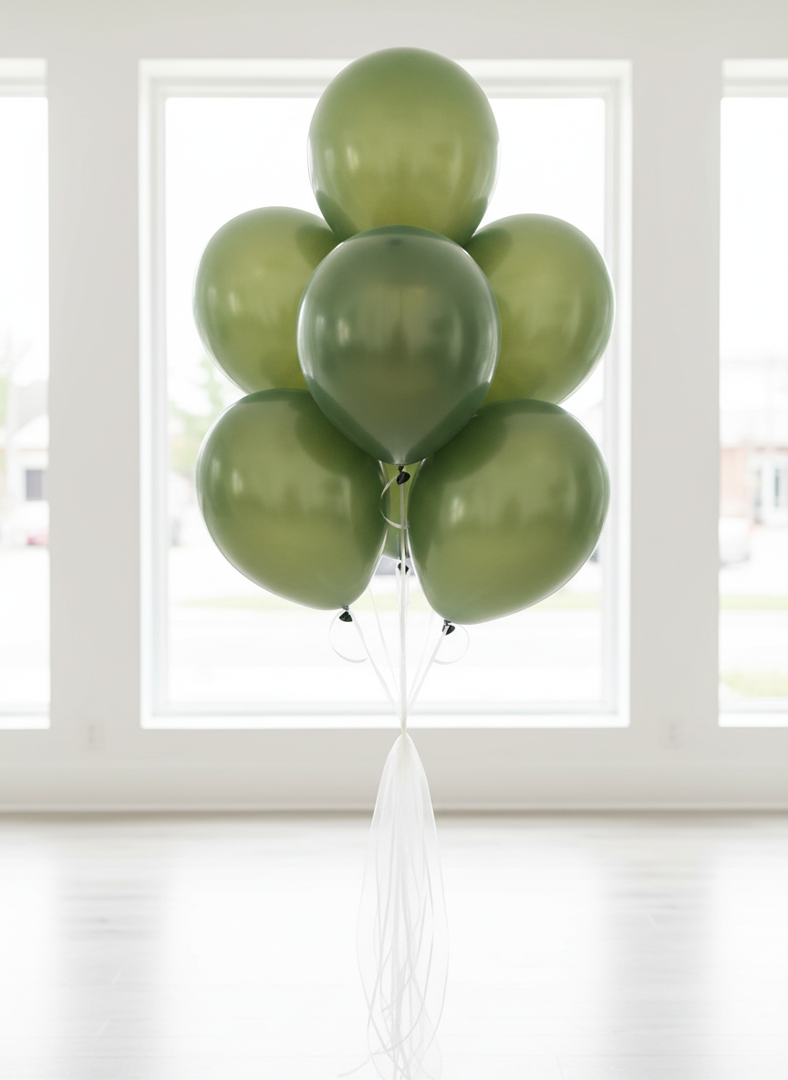 Opaque pearl sage balloon bouquet with white organza ribbons