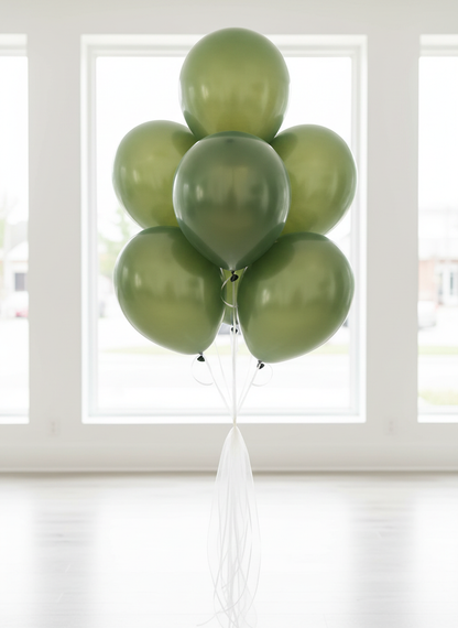 Opaque pearl sage balloon bouquet with white organza ribbons