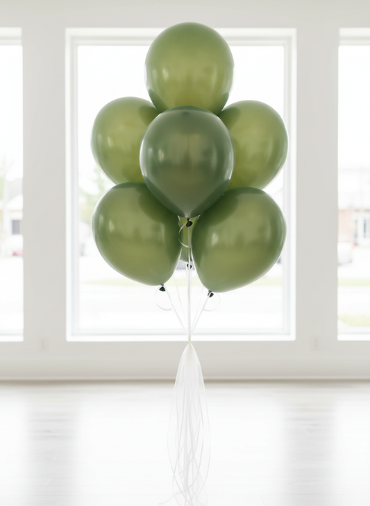 Opaque pearl sage balloon bouquet with white organza ribbons