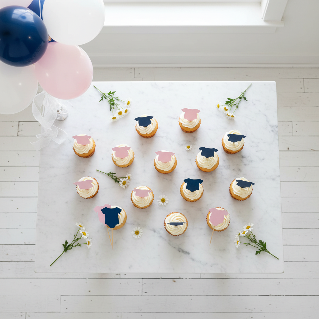 Overhead flat lay cupcakes with toppers