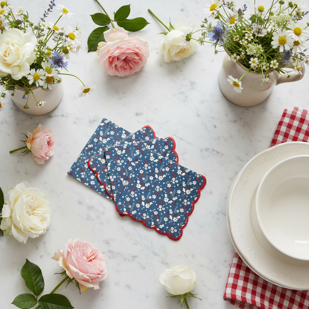 Overhead flat lay of blue floral napkins with roses