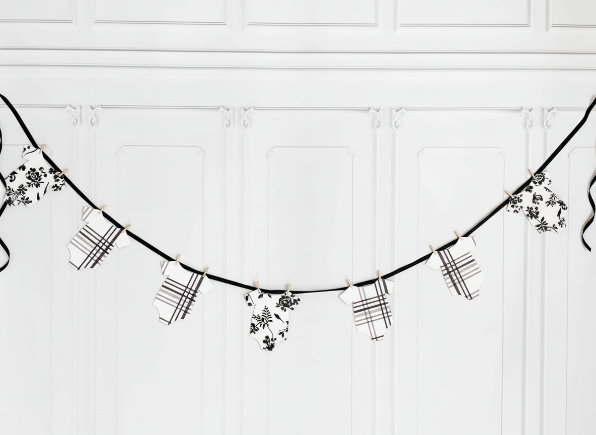 Overhead flat lay of plaid onesie banner