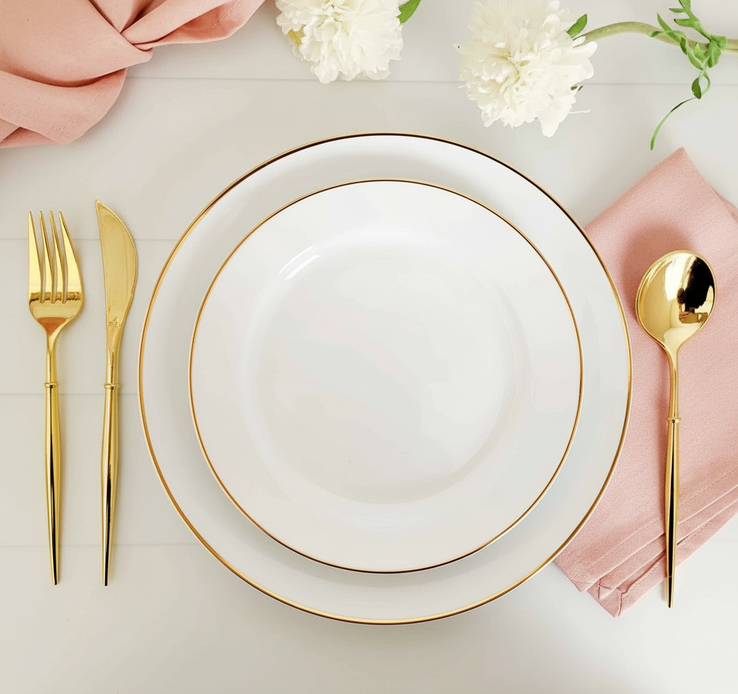 Overhead flat lay of white gold plates