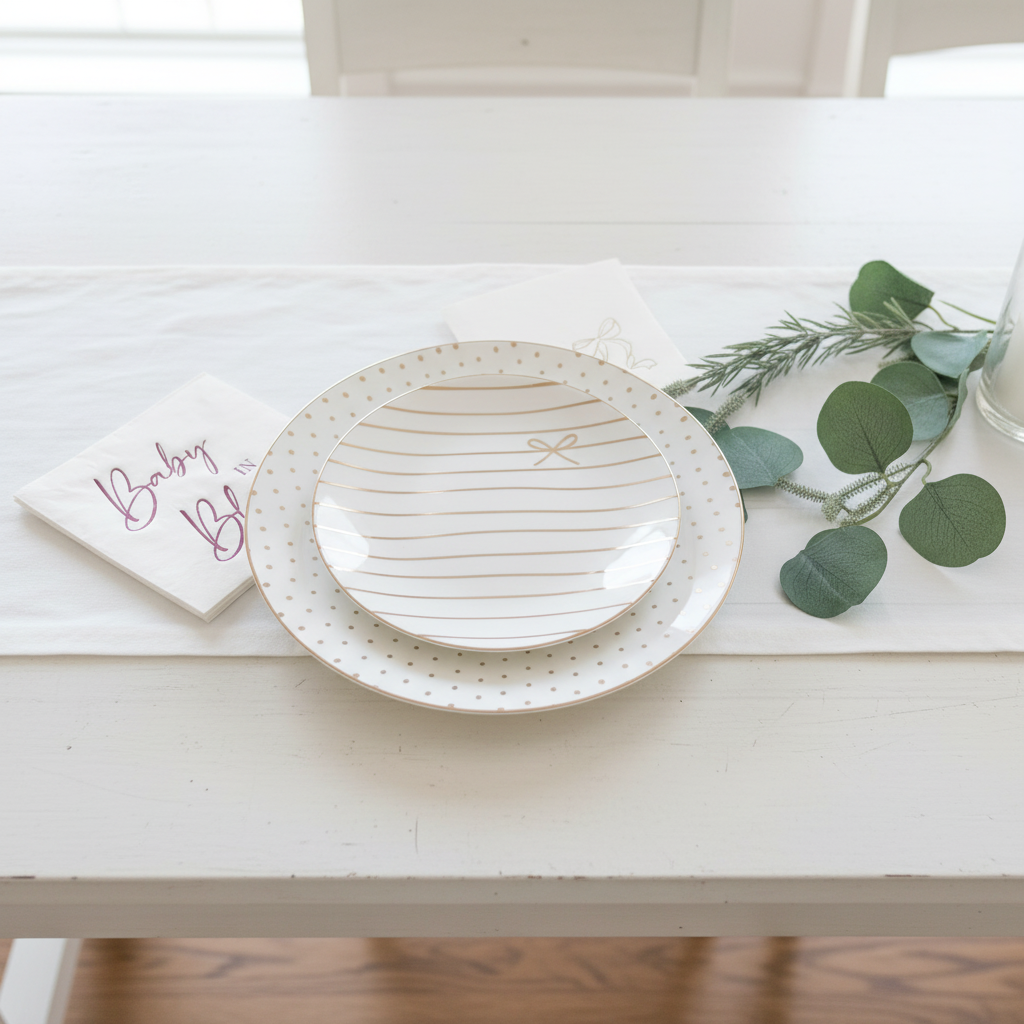 Overhead place setting with bow plates and pink napkins