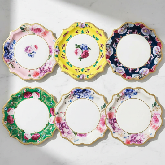 Overhead shot of colorful floral chintz plates