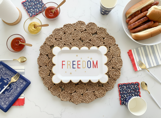 Overhead view of Freedom plates hot dog bar