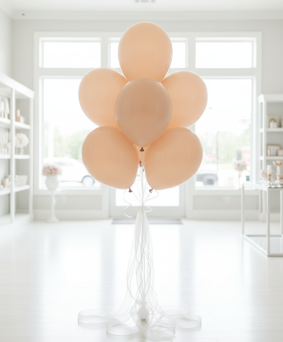 Pale nude blush balloon bouquet with white organza ribbons