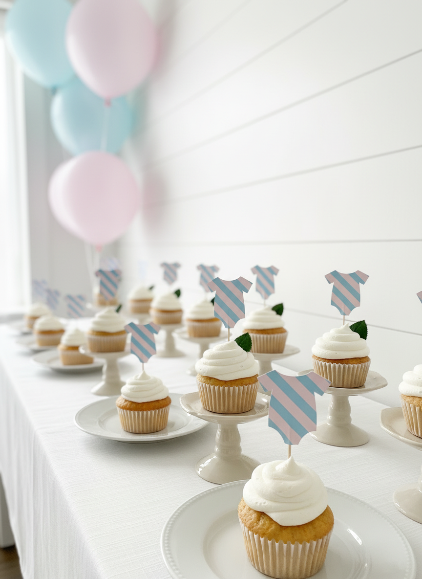 Party Shop Cupcakes with Onesie Toppers