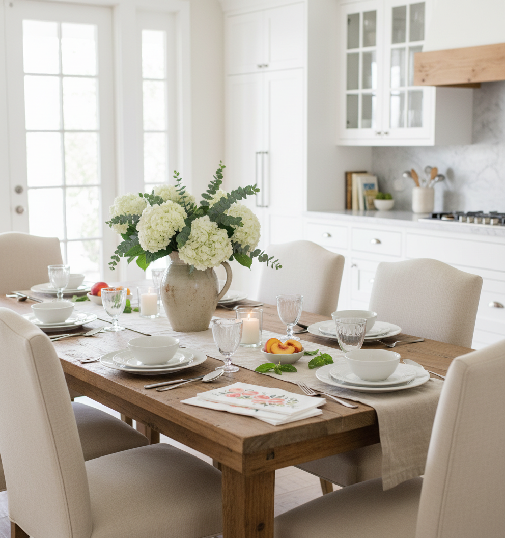 Peach botanical napkins in French country kitchen