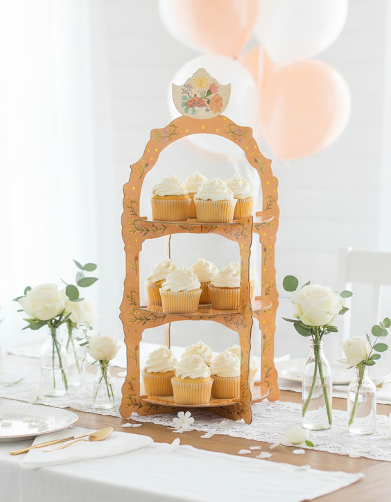 Peach Floral Cupcake Stand with White Frosted Cupcakes and Balloon Bouquet