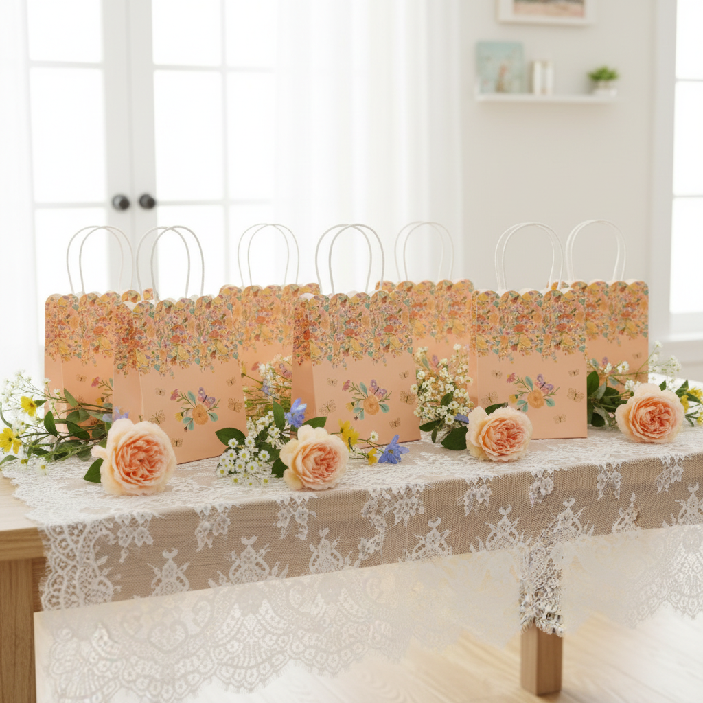 Peach Floral Favor Bags Table Display with Lace Runner and Natural Florals
