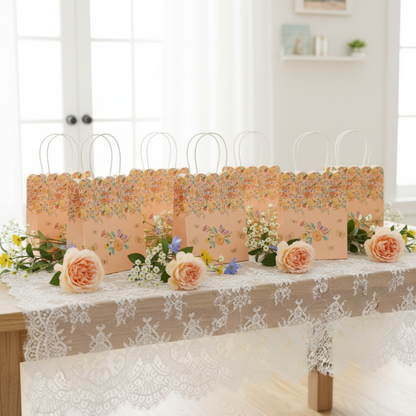 Peach Floral Favor Bags Table Display with Lace Runner and Natural Florals