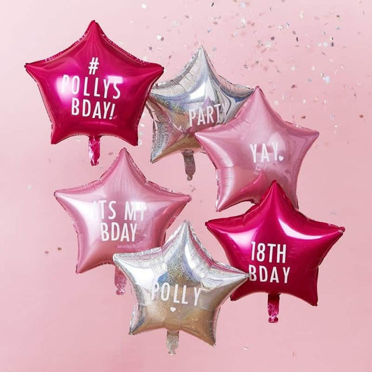 Personalized Star Balloons Kit Pink Silver - Birthday Bachelorette Party Balloons Set of 6