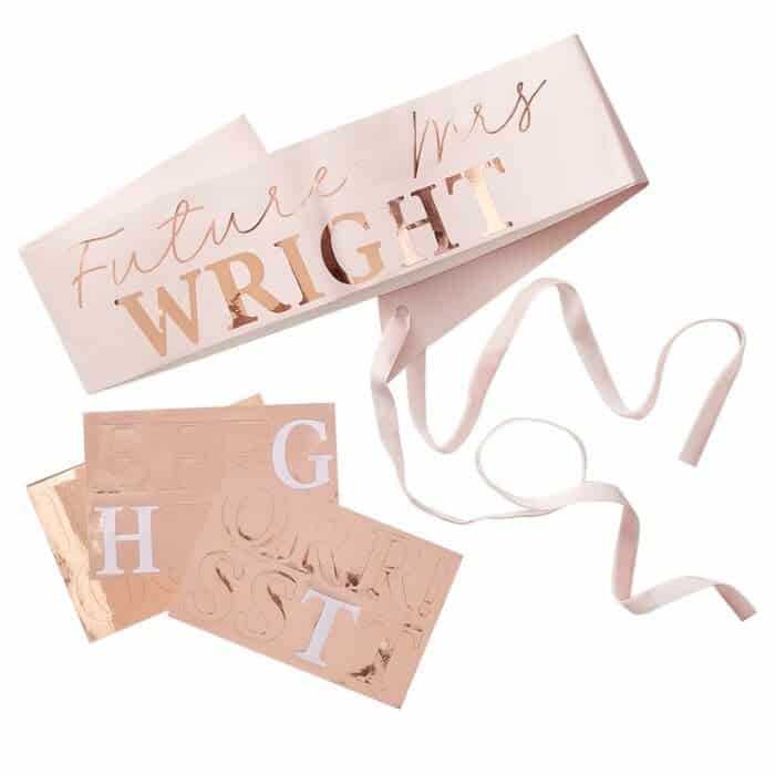 Future Mrs Sash with Personalizable Stickers in rose gold. Bride sash is blush.