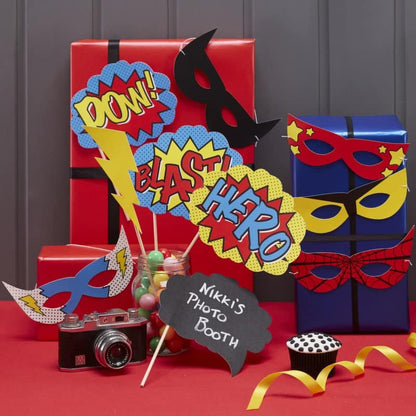 Photo booth props in red yellow in blue for a comic party