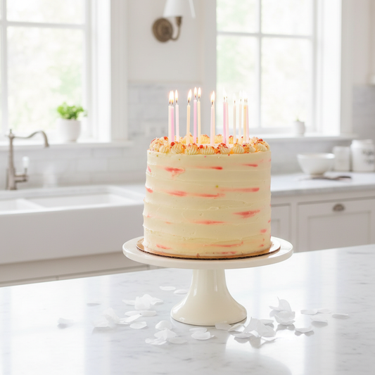 Pink and Cream Candles on Cake in French Kitchen