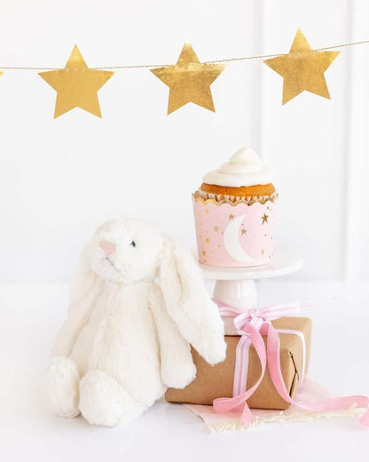 Pink and Gold Baking cups with gold stars for a Moon and Stars baby girl shower