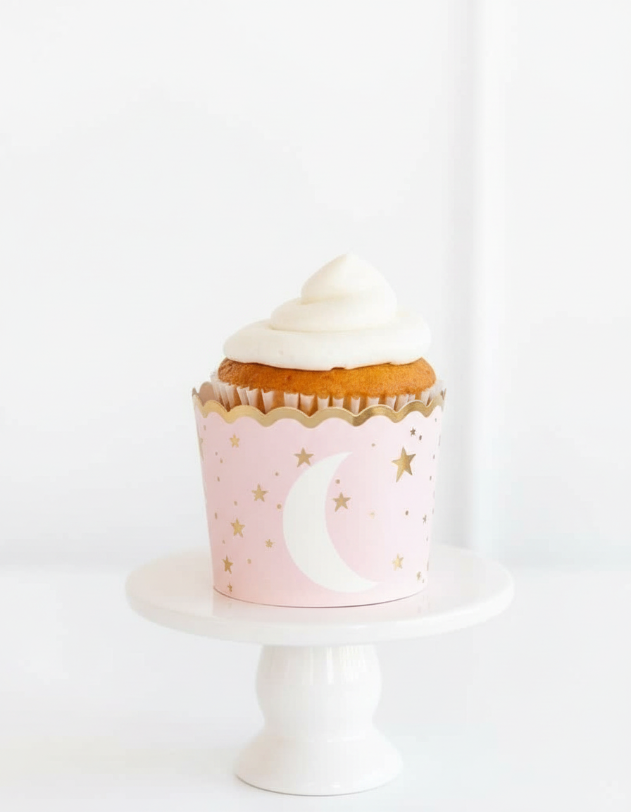 Pink and Gold Moon Stars Baking Cup Close-up