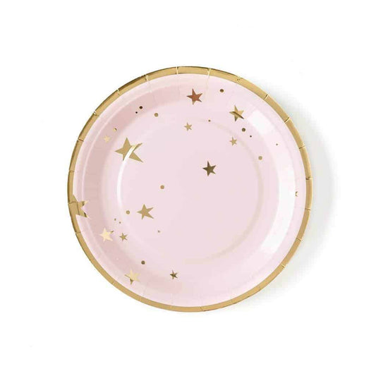 pink and gold star paper plates for a little girl shower, gender reveal or moon and stars party