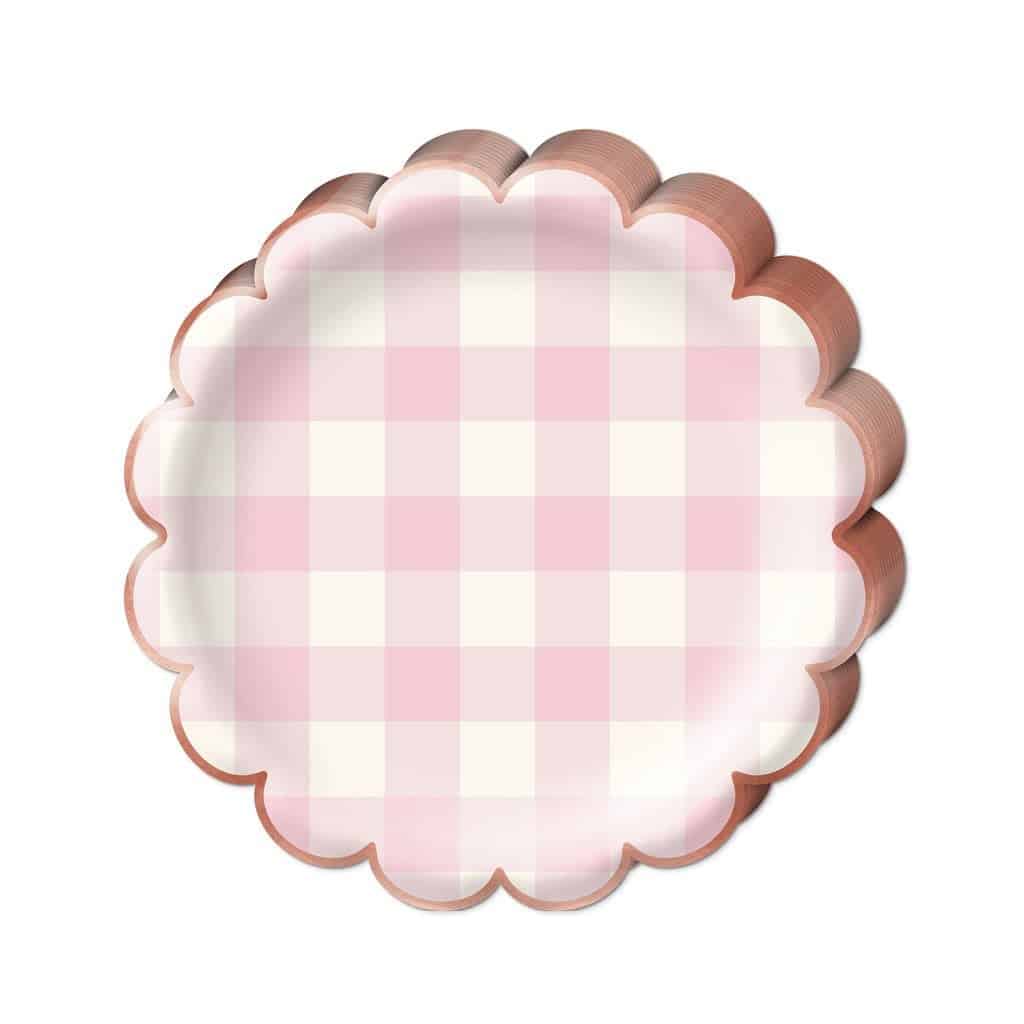 Pink Buffalo Plaid Paper Plates with Rose Gold Edge