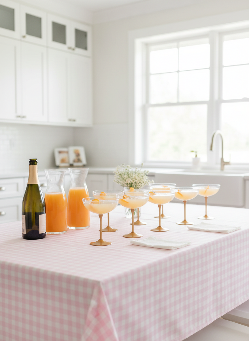 Pink gingham tablecloth brunch setup with mimosas