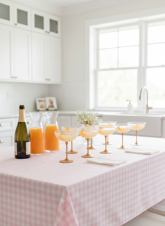 Pink gingham tablecloth brunch setup with mimosas