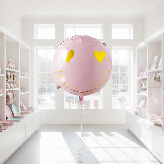 Pink Smiley Face Balloon in Bright Shop with Windows