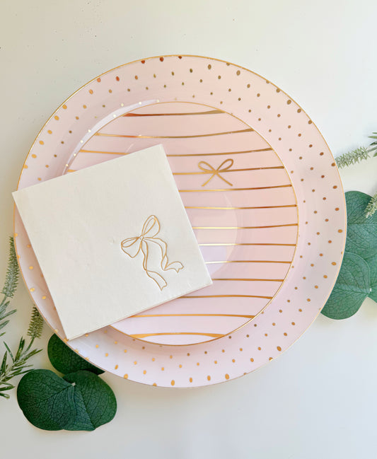 Baby Pink and Gold Bow Plates - Bridal Shower Disposable Dinnerware Set | 40 Count