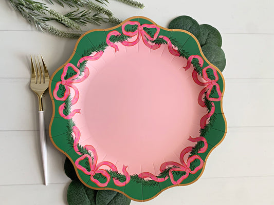 Elegant Bow Pink Christmas Dinner Plates - Paper for Holiday Parties and Entertaining
